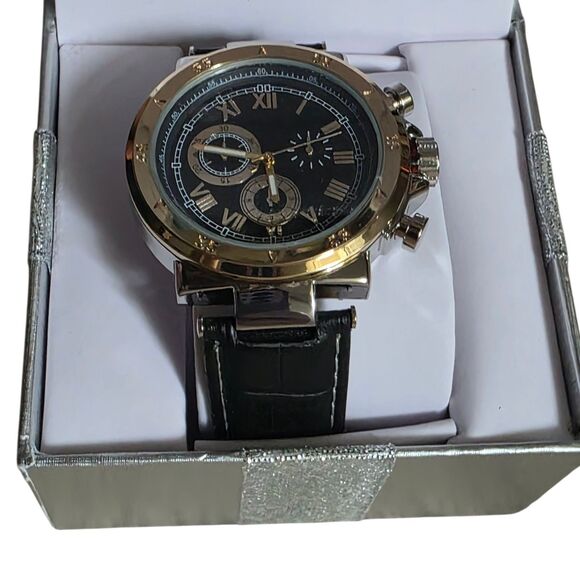 AMERICAN EXCHANGE MEN\'S WATCH Black Strap Gold Tone Accent Macy\'s Featured NEW